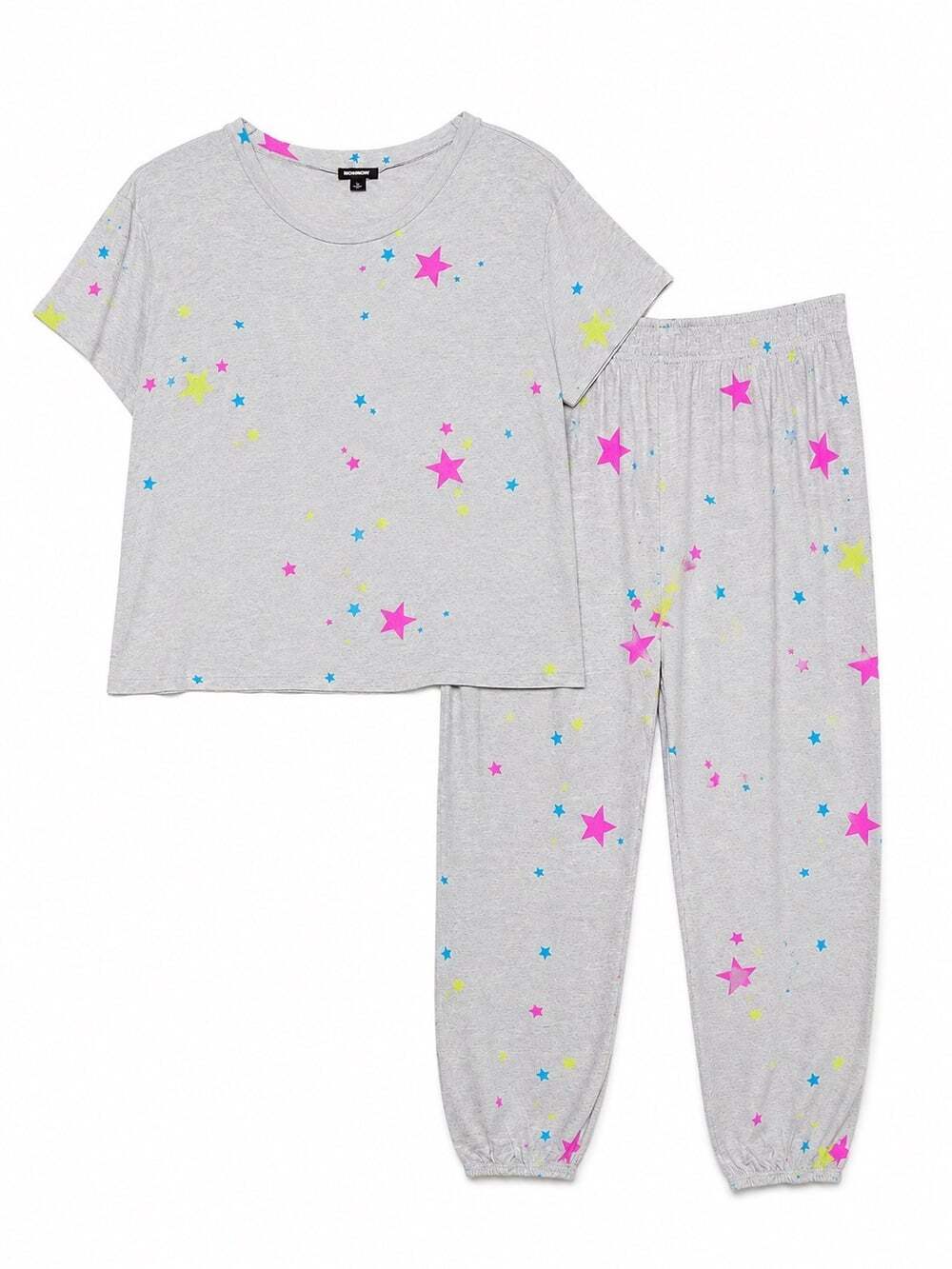 MONROW Womens Star Print Matching Sweatset Gray Tee & Sweatpants Large
